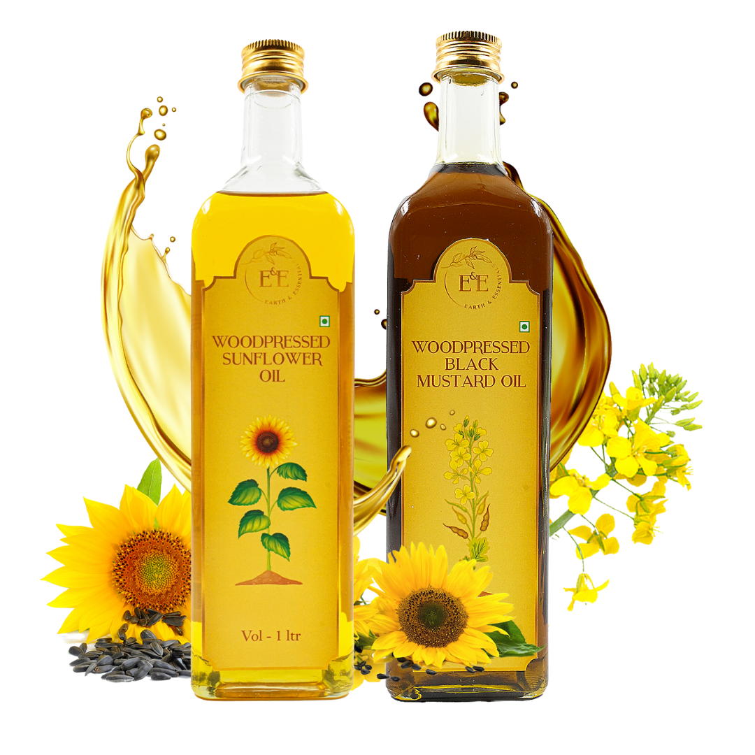 Earth and Essentials North Indian Cooking Combo – A set of wood-pressed black mustard oil and sunflower oil in eco-friendly bottles. Ideal for traditional North Indian recipes, adding rich flavor and health benefits.