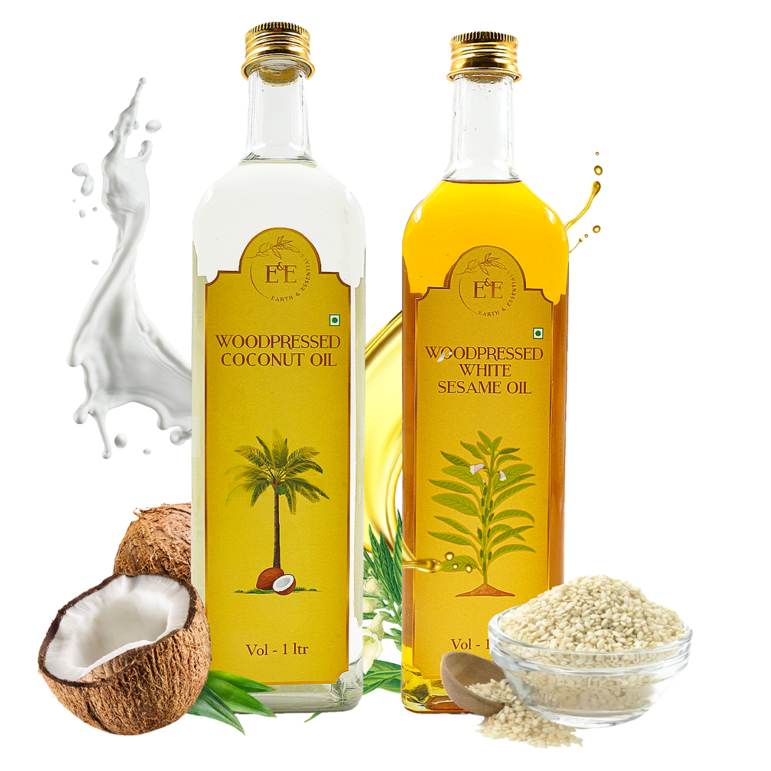 Earth and Essentials South Indian Cooking Combo – A set of wood-pressed coconut oil and white sesame oil in eco-friendly bottles. Ideal for traditional South Indian recipes, enhancing flavor and nutrition naturally.