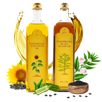 Earth and Essentials Deep Frying Combo – A set of wood-pressed black sesame oil and sunflower oil in eco-friendly bottles. Ideal for deep frying, ensuring crispy, flavorful, and healthy cooking.