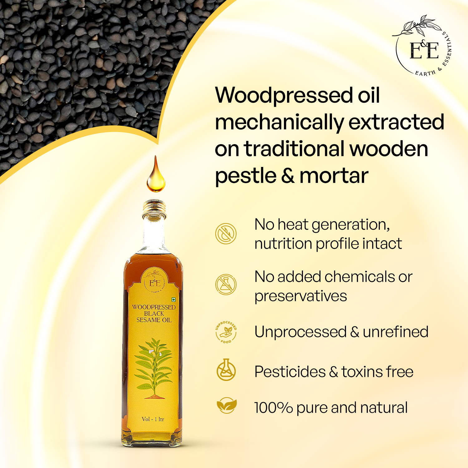 Earth and Essentials Wood-Pressed Black Sesame Oil is made using the traditional woodpress method with no heat, preserving its rich nutrition profile. 100% pure, unrefined, chemical-free, preservative-free, pesticide-free, and toxin-free