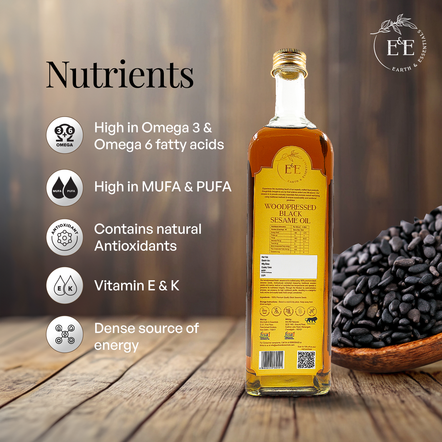 Earth and Essentials Wood-Pressed Black Sesame Oil is naturally rich in Omega-6, antioxidants, Vitamin E, calcium, zinc, and essential fatty acids, supporting overall health and well-being