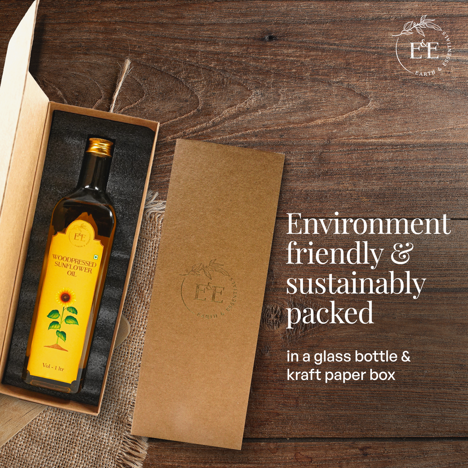 Earth and Essentials Wood-Pressed Sunflower Oil is sustainably packed in eco-friendly glass bottles and kraft paper boxes to reduce plastic waste.