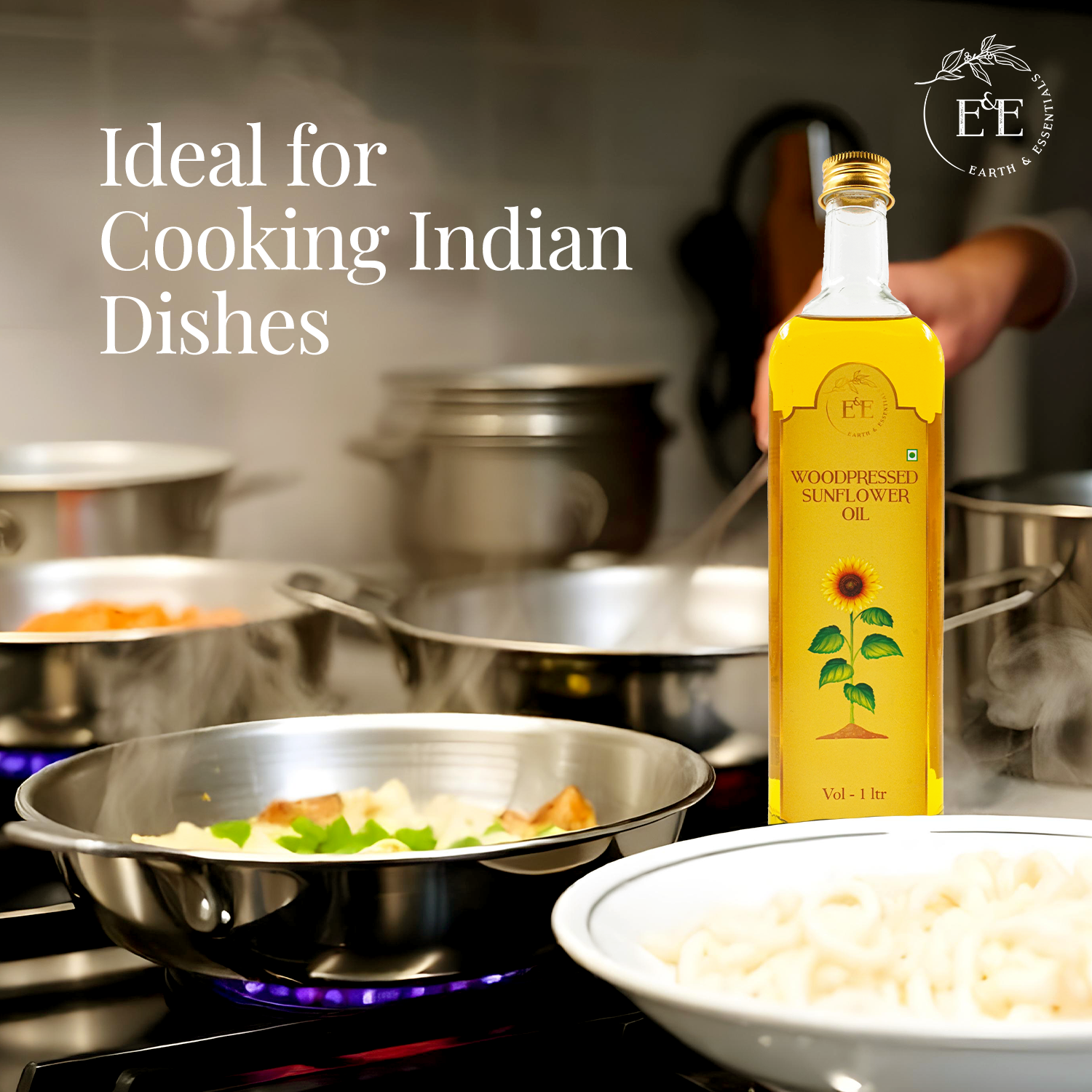 Earth and Essentials Wood-Pressed Sunflower Oil Enhance the taste of Indian dishes with Earth & Essentials Wood-Pressed Sunflower Oil – perfect for deep frying, sautéing, and daily cooking.