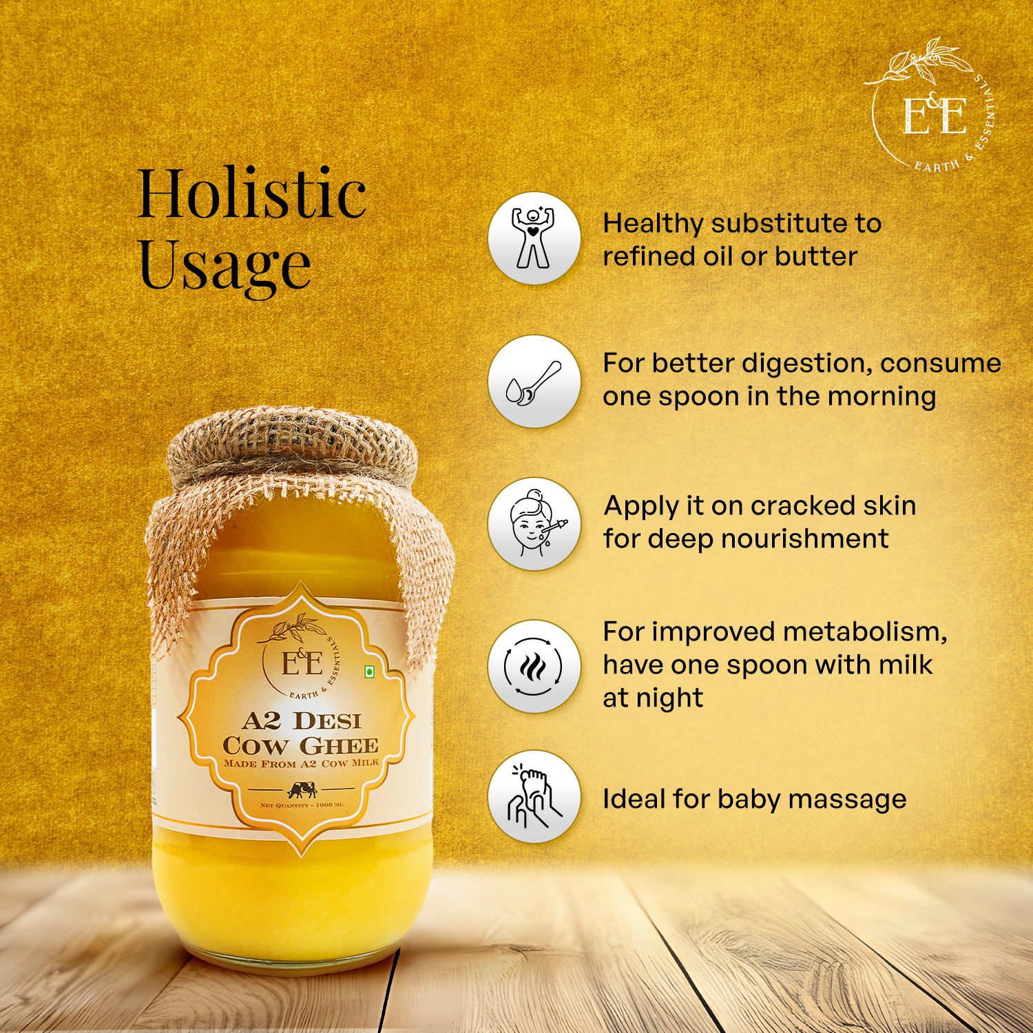 Earth and Essentials A2 Desi Cow Ghee is perfect for Ayurvedic healing, deep nourishment, skin and hair care, infant massage, cooking, and religious rituals, promoting holistic wellness.
