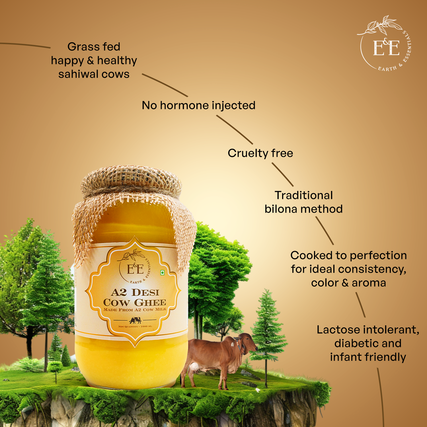 Earth and Essentials A2 Desi Cow Ghee is rich in Omega-3, Omega-6, and essential vitamins, promoting digestion, immunity, and overall well-being. Handcrafted in small batches with no preservatives or chemicals.