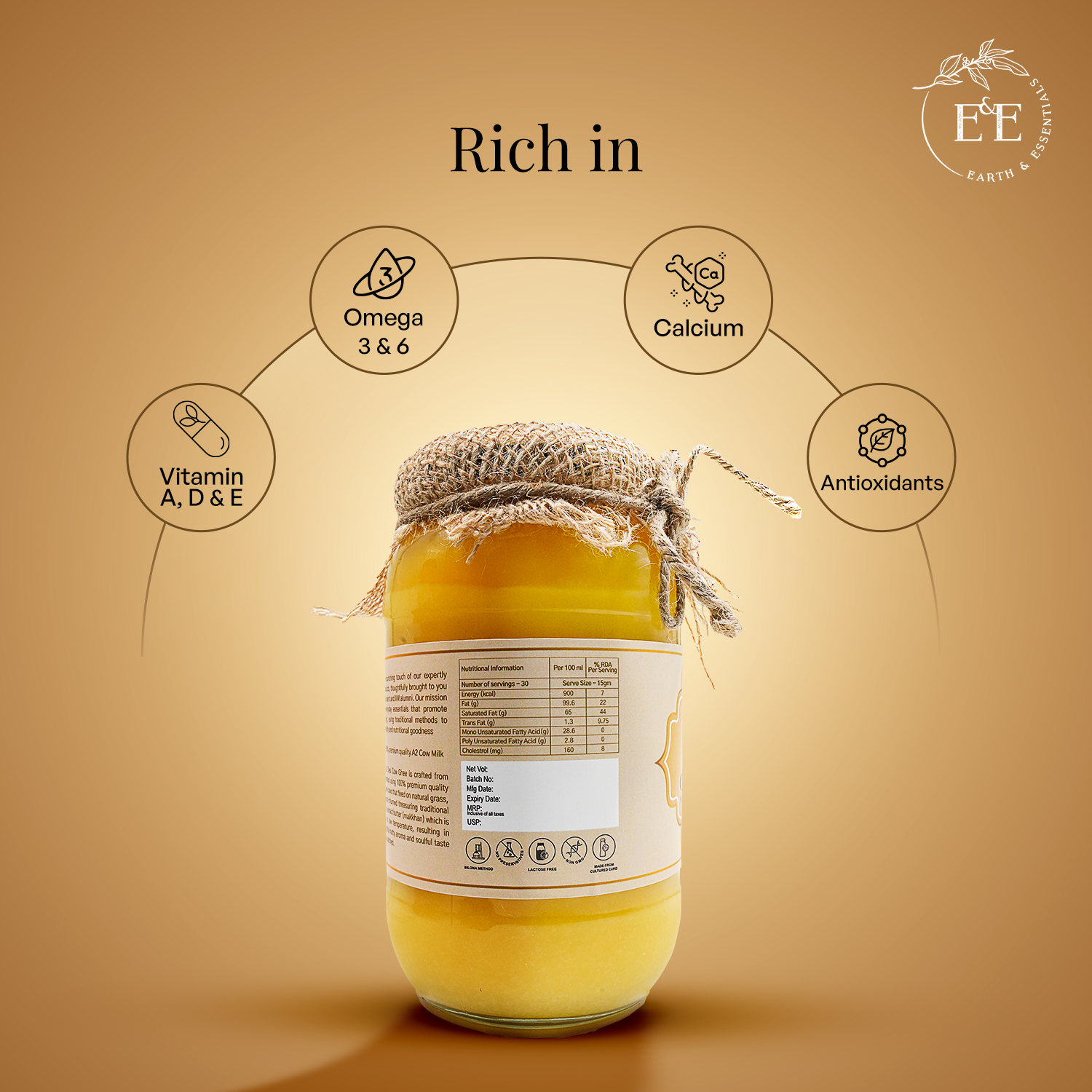 Earth and Essentials A2 Desi Cow Ghee is packed with Vitamin A, D, E, and K, along with Omega-3 fatty acids and butyric acid, supporting gut health, skin nourishment, and heart health.