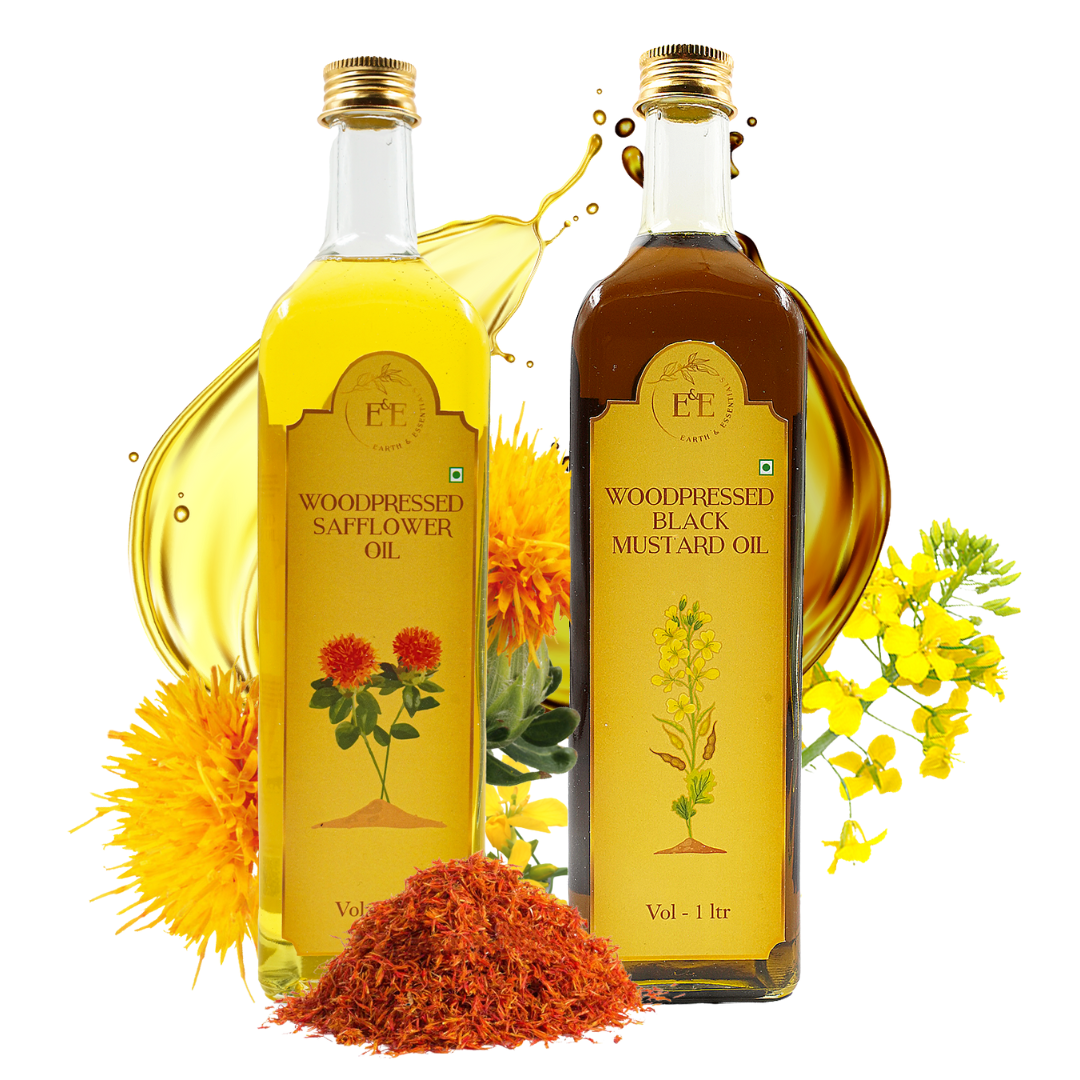 Earth and Essentials Eastern Indian Cooking Combo – A set of wood-pressed black mustard oil and safflower oil in eco-friendly bottles. Ideal for traditional Eastern Indian recipes, enhancing flavor and health benefits naturally.