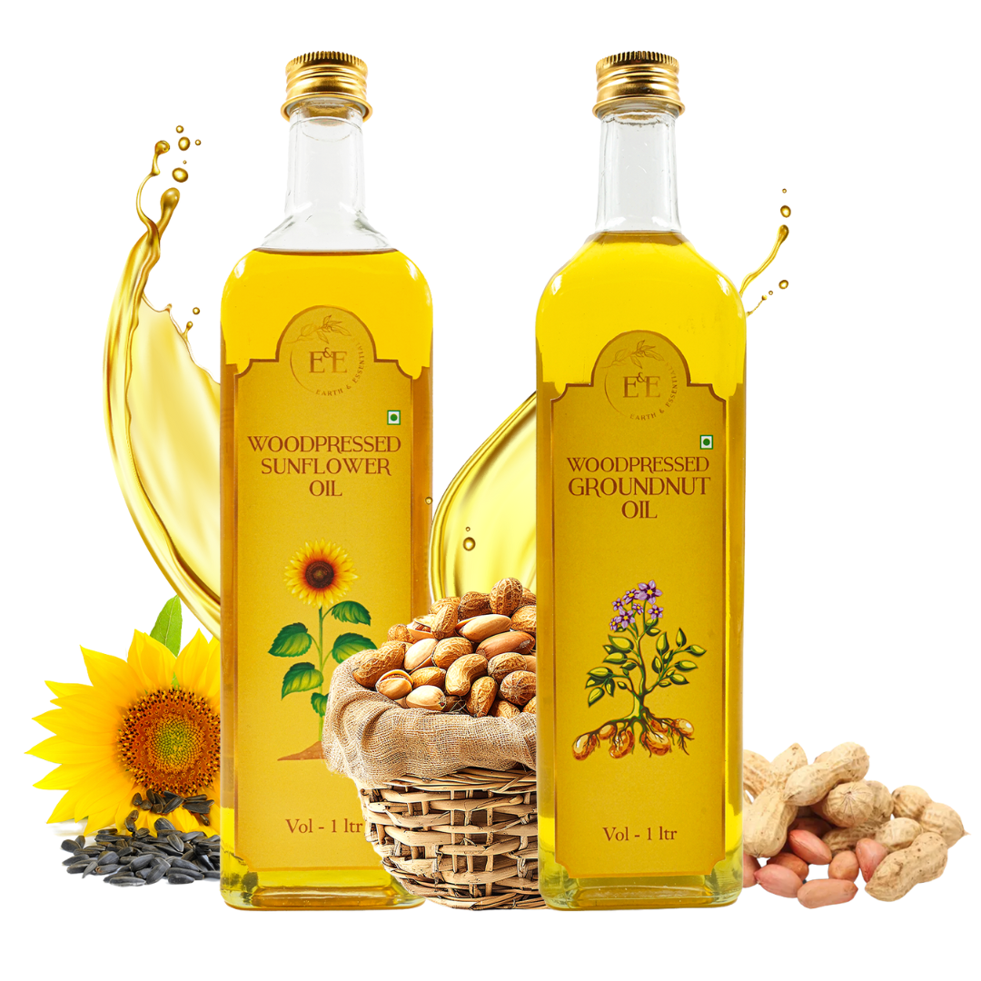  Earth and Essentials Everyday Cooking Essentials – A set of wood-pressed sunflower oil and groundnut oil in eco-friendly bottles. Ideal for daily cooking, providing balanced nutrition and rich flavor naturally.