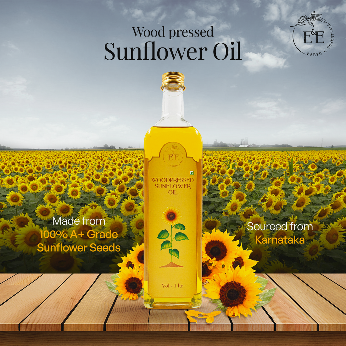  Earth and Essentials Everyday Cooking Essentials – A set of wood-pressed sunflower oil and groundnut oil in eco-friendly bottles. Ideal for daily cooking, providing balanced nutrition and rich flavor naturally.