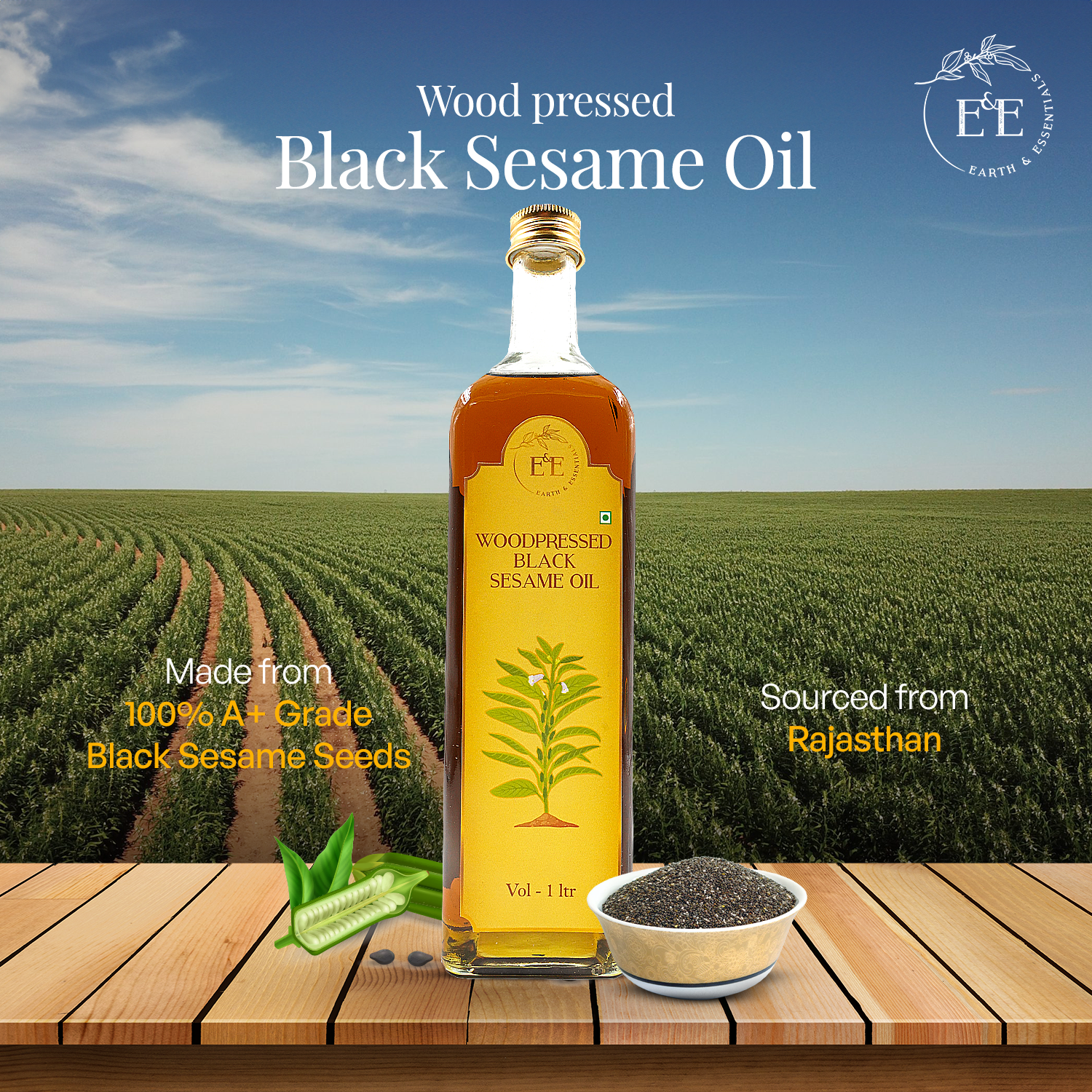 Earth and Essentials Wood-Pressed Black Sesame Oil made from 100% high-quality black sesame seeds sourced from Rajasthan, ensuring premium quality and authentic taste