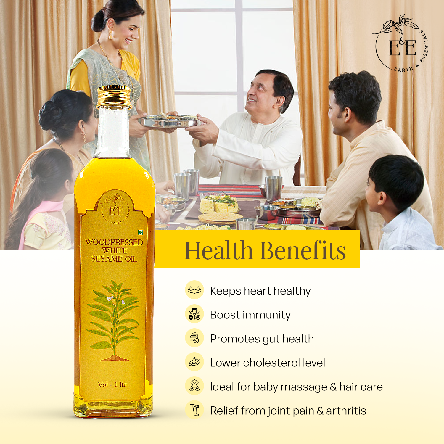 Earth and Essentials Wood-Pressed White Sesame Oil supports heart health, strengthens bones, nourishes skin and hair, aids digestion, and boosts immunity with its anti-inflammatory properties