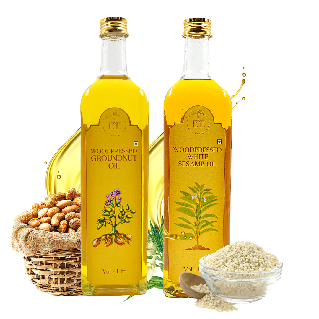 Earth and Essentials Festive Delicacy Combo – A set of wood-pressed white sesame oil and groundnut oil in eco-friendly bottles. Perfect for traditional sweets and festive cooking, enhancing flavor and nutrition naturally.