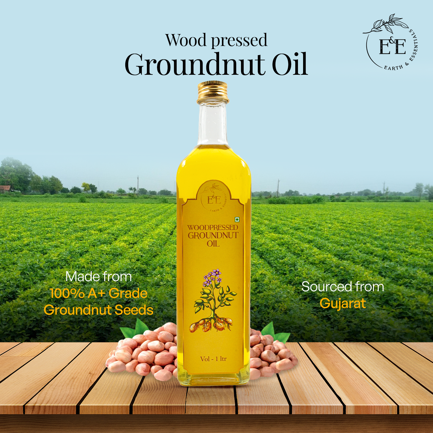Earth and Essentials Wood-Pressed Groundnut Oil is extracted from premium-quality Gujarat groundnuts, ensuring purity, rich flavor, and superior nutrition.