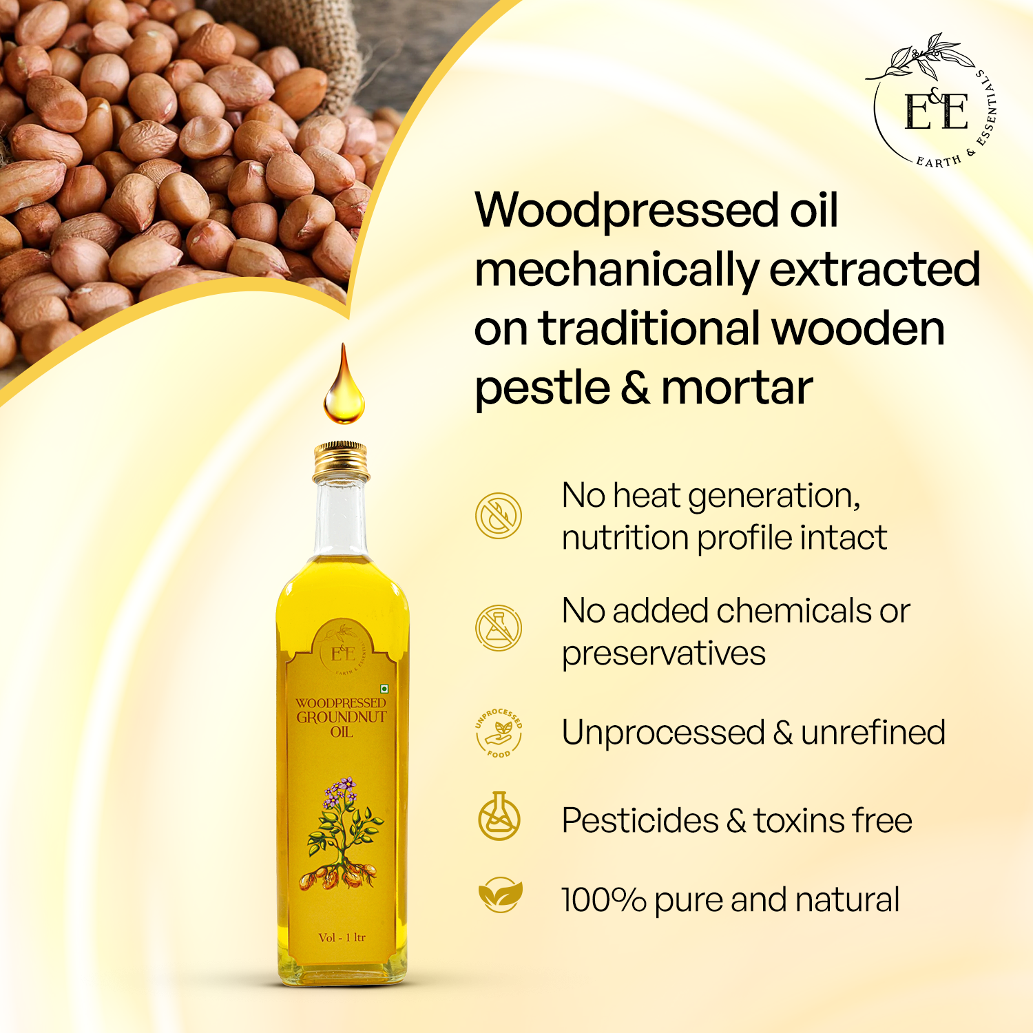 Earth and Essentials Wood-Pressed Groundnut Oil is made using the traditional wood-press method with no heat, preserving nutrients. 100% natural, unrefined, chemical-free, preservative-free, toxin-free, and rich in essential fatty acids.