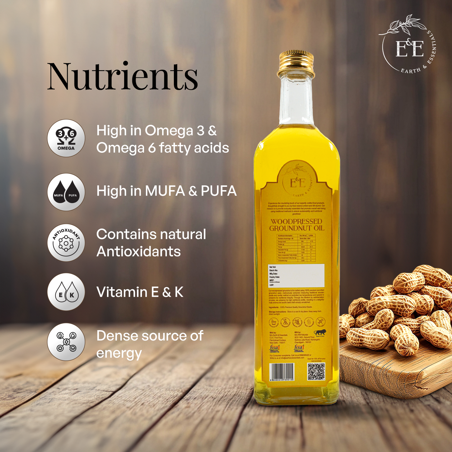 Earth and Essentials Wood-Pressed Groundnut Oil is rich in healthy fats, antioxidants, Vitamin E, and Omega-9, promoting overall wellness.