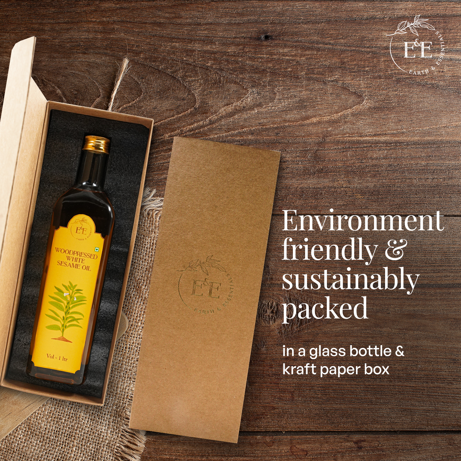 Earth & Essentials Wood-Pressed White Sesame Oil is packaged sustainably in an eco-friendly glass bottle and kraft paper box, ensuring zero plastic waste and an environmentally responsible choice