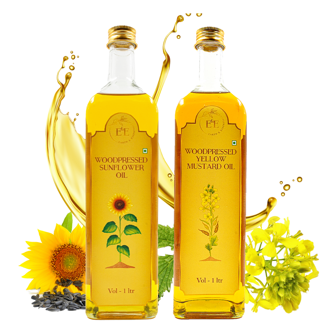 A set of wood-pressed yellow mustard oil and sunflower oil in eco-friendly bottles. Boosts immunity and supports health during the monsoon season.