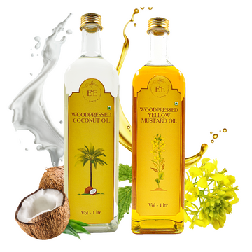 Earth and Essentials Skin & Hair Care Combo – A set of wood-pressed yellow mustard oil and coconut oil in eco-friendly bottles. Nourishes skin and hair with vitamins and antioxidants for deep hydration and strength.