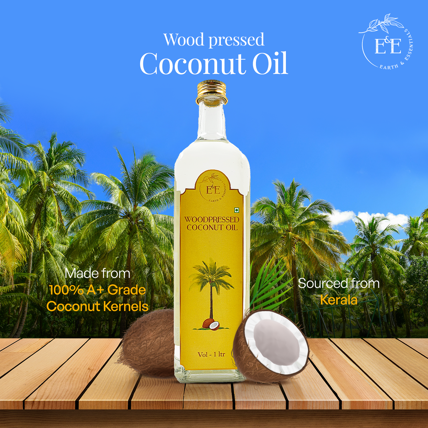 Earth and Essentials Wood-Pressed Coconut Oil made from 100% premium-quality coconuts sourced from Kerala, ensuring rich flavor, superior quality, and natural goodness