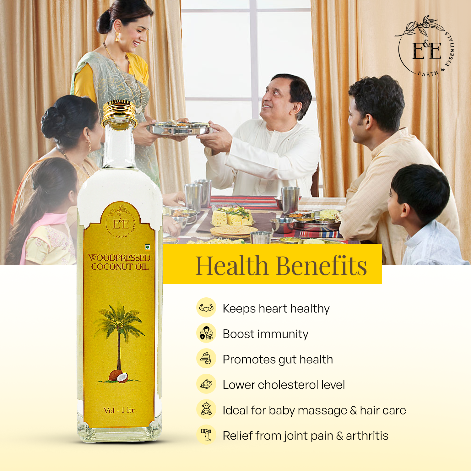 Earth and Essentials Wood-Pressed Coconut Oil supports heart health, boosts metabolism, strengthens immunity, nourishes skin and hair, and aids digestion with its anti-inflammatory and antimicrobial properties