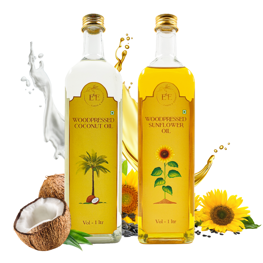 A set of wood-pressed coconut oil and sunflower oil in eco-friendly bottles. Naturally cooling and ideal for summer cooking, hydration, and skincare.