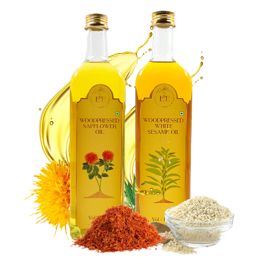 Earth and Essentials Summer Cooling Combo – A set of wood-pressed white sesame oil and safflower oil in eco-friendly bottles. Naturally cooling and ideal for summer cooking and wellness.