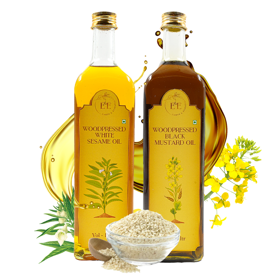 Earth and Essentials Traditional Cooking Combo – A set of wood-pressed white sesame oil and black mustard oil, packed in eco-friendly bottles. Pure, natural, and perfect for authentic Indian cooking.