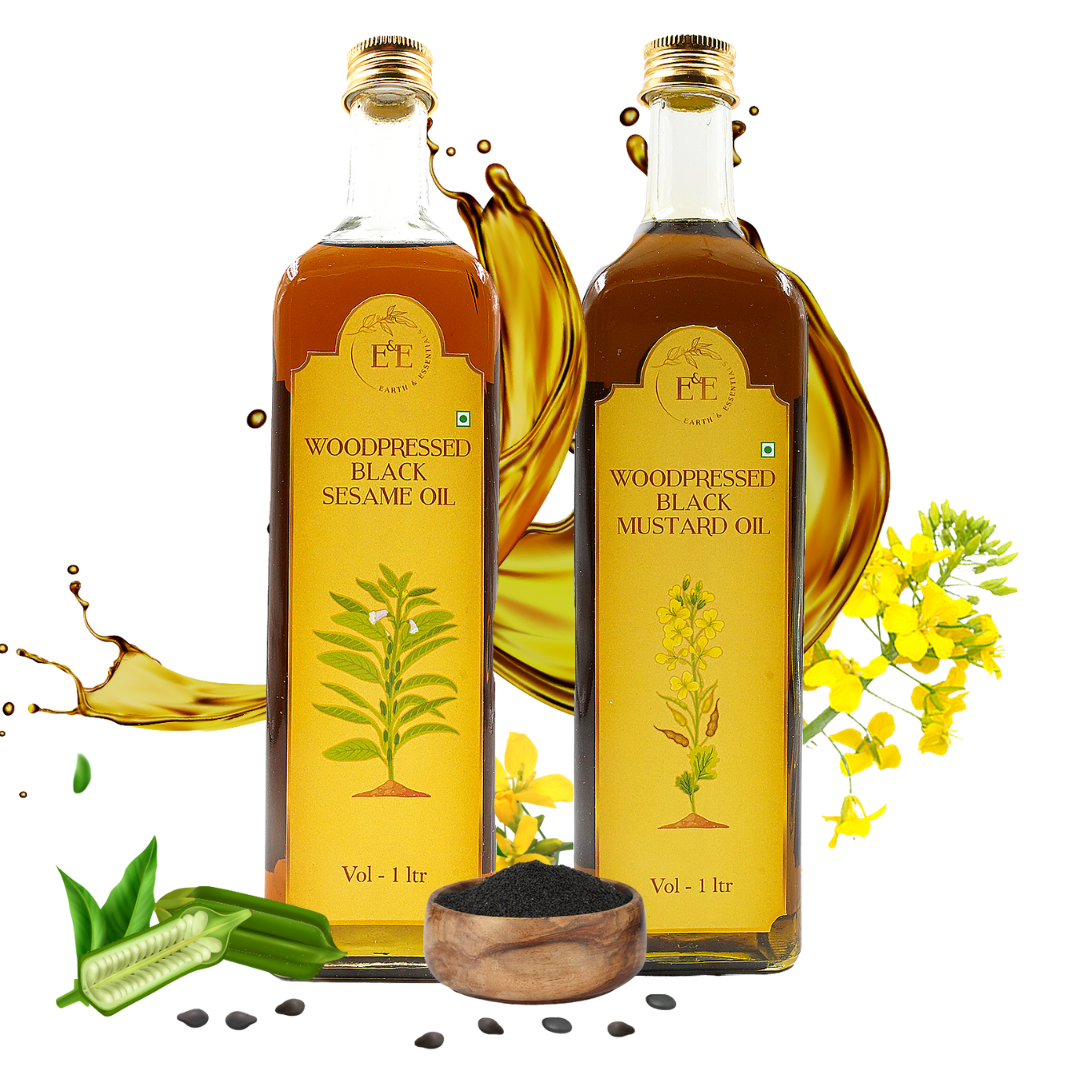 Earth and Essentials Winter Warmth Immunity Combo – A set of wood-pressed black mustard oil and black sesame oil in eco-friendly bottles. Perfect for warmth, immunity, and seasonal wellness during winter.