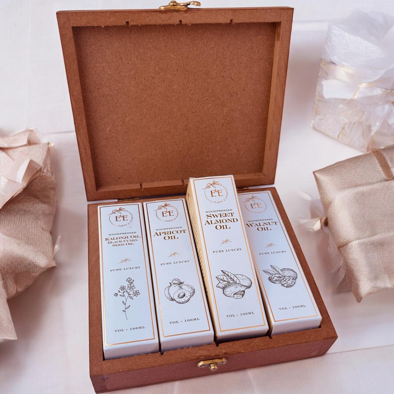 Premium wood-pressed oil gift pack by Earth and Essentials – a perfect blend of health and luxury.