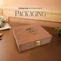 Elegant wooden box packaging for Earth and Essentials' premium wood-pressed oil gift set.