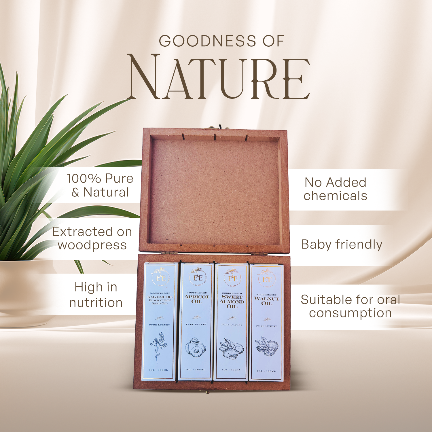 Earth and Essentials' pure, wood-pressed oils rich in nutrients, promoting health and wellness.