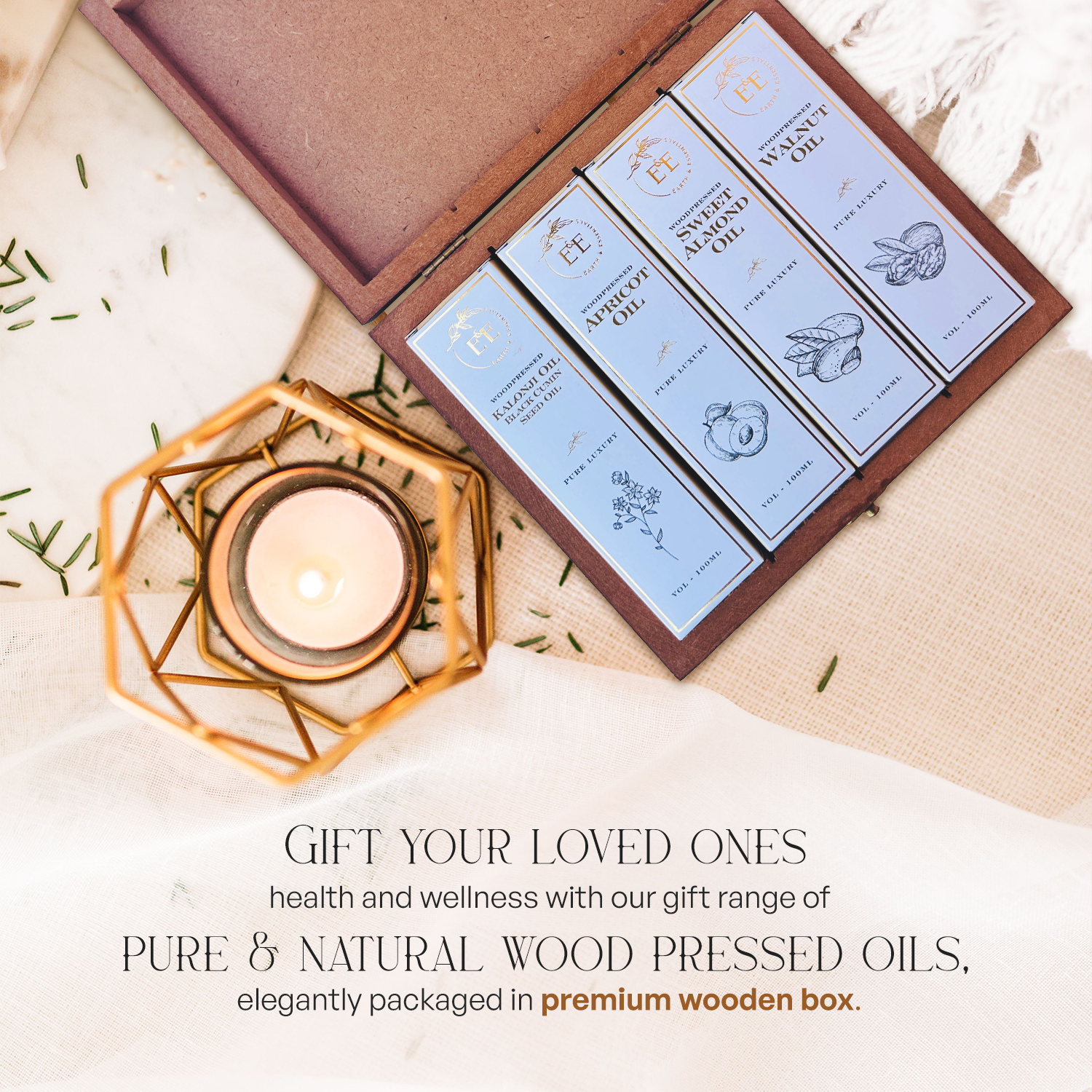 Thoughtfully curated Earth and Essentials wood-pressed oil gift set, ideal for corporate and festive gifting.